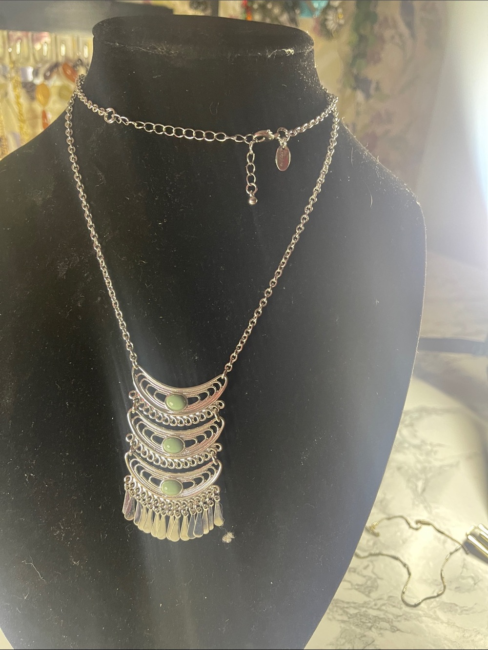 Silver Boho Layered Pendant Necklace with Green Stones - Women Jewelry